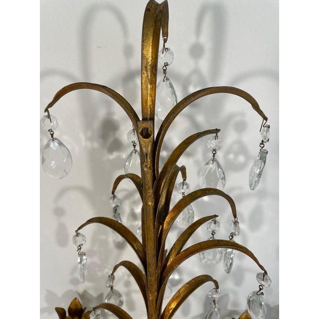 Gold Vintage 19.5" Italian Tole and Crystals Candle Sconces - A Pair For Sale - Image 8 of 17