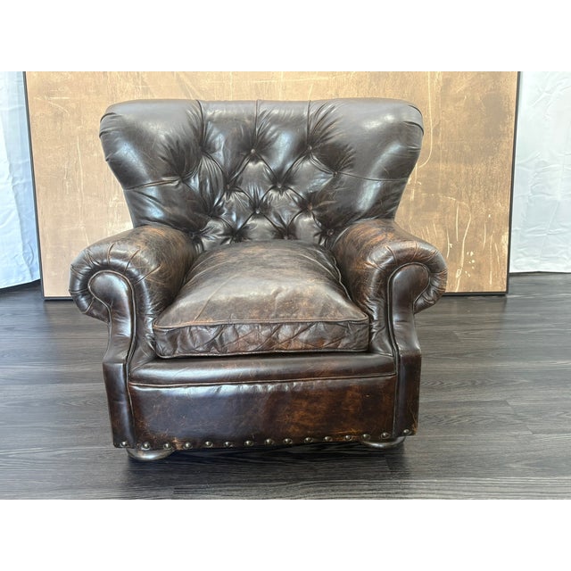Restoration Hardware Rh Churchill Leather Chair With Nailheads Vintage Ebony Leather | Down-Feather Fill | Classic Depth For Sale - Image 4 of 18