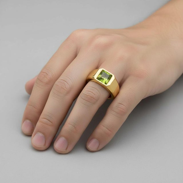 Signet Ring With Peridot for Men Silver, Gold, Size 10 For Sale - Image 4 of 6