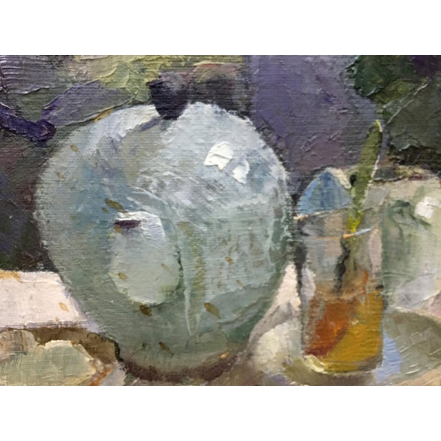Gray 1970s Oil Painting Food and Drinks on the Table For Sale - Image 8 of 11