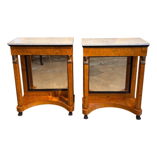 19th Century Pair Empire Consoles With Burlwood and Marble Tops For Sale