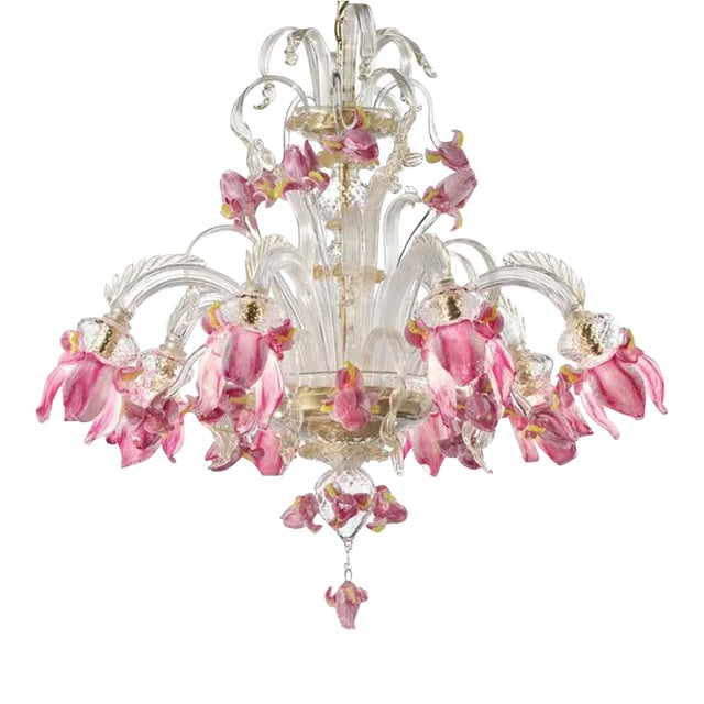 Contemporary Venetian Pink Floral Murano Glass Chandelier For Sale