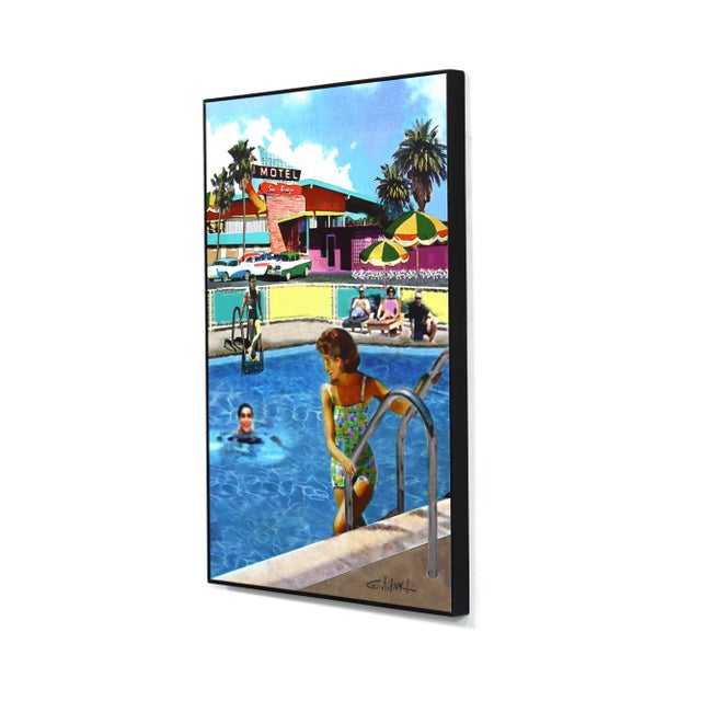 Mid-Century Modern Sea Breeze - Framed Pool Scene Original Mid Century Modern Figurative Mixed Media Art by Michael Giliberti For Sale - Image 3 of 8
