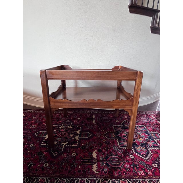 Vintage Georgian Style Two-Tier Mahogany Side Table 26” Height, Scalloped Apron Edge, Tea Table For Sale - Image 9 of 12