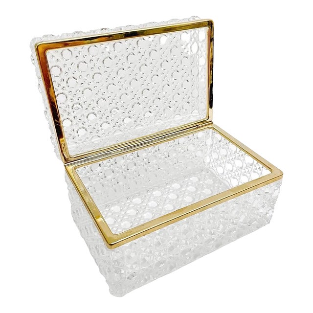 A luxurious vintage French diamond cut crystal box with brass hinged lid. This is such a luxurious box and in excellent...