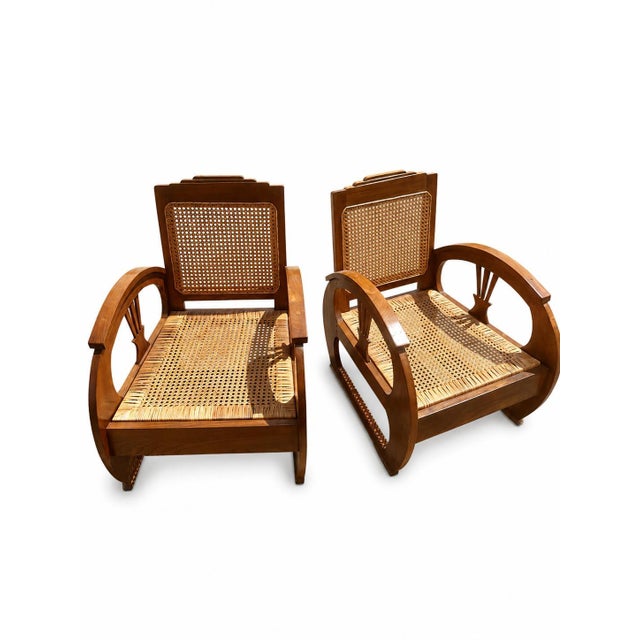 1920s Vintage Art Deco Armchair in Teakwith Hand-Woven French Rattan, 1920s, Set of 2 For Sale - Image 5 of 5
