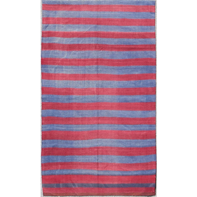 Blue Vintage Striped Turkish Kilim With Casual Modern Design in Red and Blue For Sale - Image 8 of 8