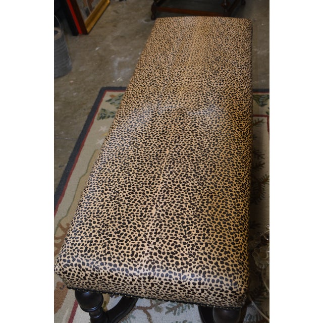 Rustic European Cheetah Print Cowhide Covered Bench Ottoman W/ Nail Head Trim & Baluster Wood Base For Sale - Image 3 of 18
