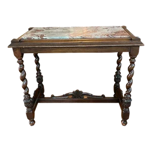 Early 20th Century Carved Wood Barley Twist and Marble Top Table