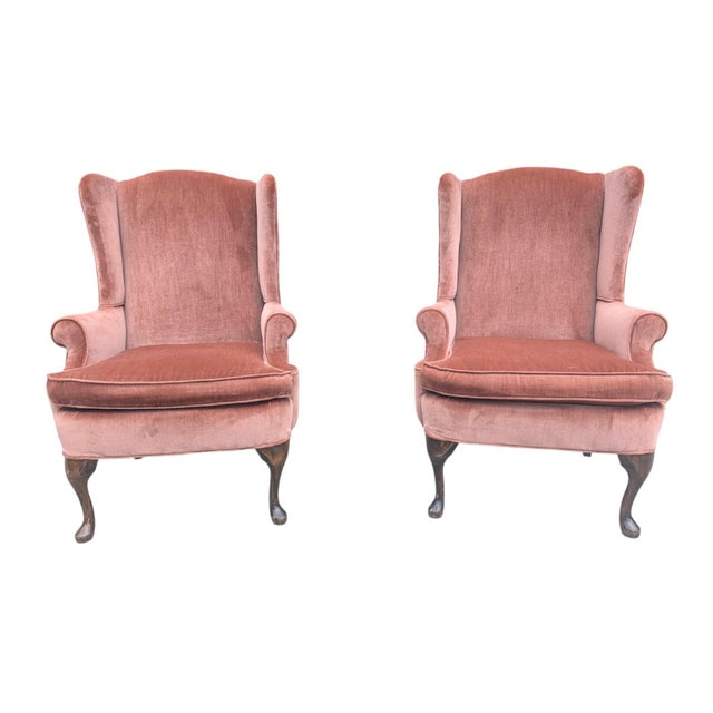 Queen Anne Mid 20th Century Rose Gold Pink Crushed Velvet Wingback Chairs- A Pair For Sale - Image 3 of 18