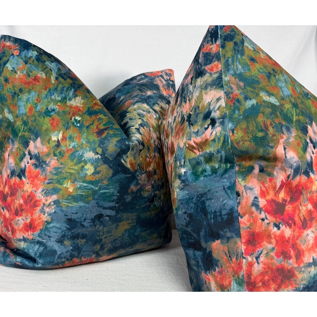 Custom pair of 22" pillows covered in Clarke & Clarke "Fiore" in midnight/spice velvet. These pillows have tapered corners...
