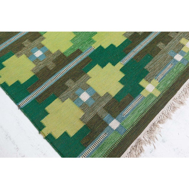 Mid 20th Century Doris Leslie Blau Vintage Swedish Rug in Lush Greens and Geometric Patterns For Sale - Image 5 of 8