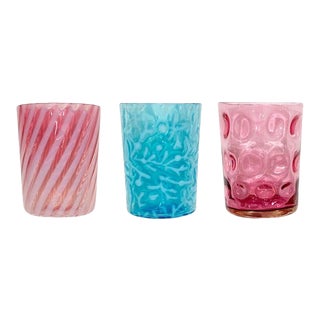 Colorful Antique Hobbs Drinking Glasses in Blue and Pink - Set of 3 1800s For Sale