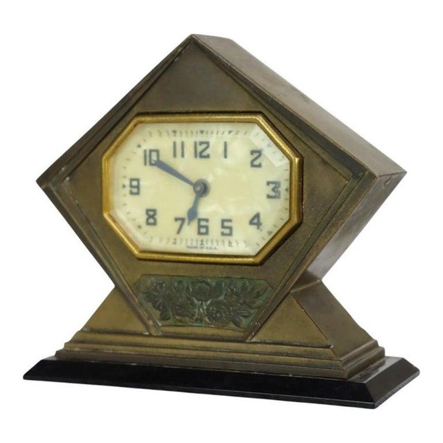 Antique Art Deco Bronze Boudoir Diamond Form Dresser Clock C1930 For Sale - Image 4 of 7