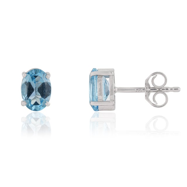 Contemporary Classic 5x7mm Oval Blue Topaz Four Prong Stud Earrings in 925 Sterling Silver - A Pair For Sale - Image 3 of 13