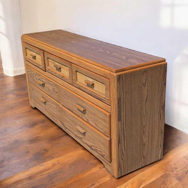 1980s Postmodern Faux-Oak Laminate Six-Drawer Dresser For Sale - Image 9 of 18