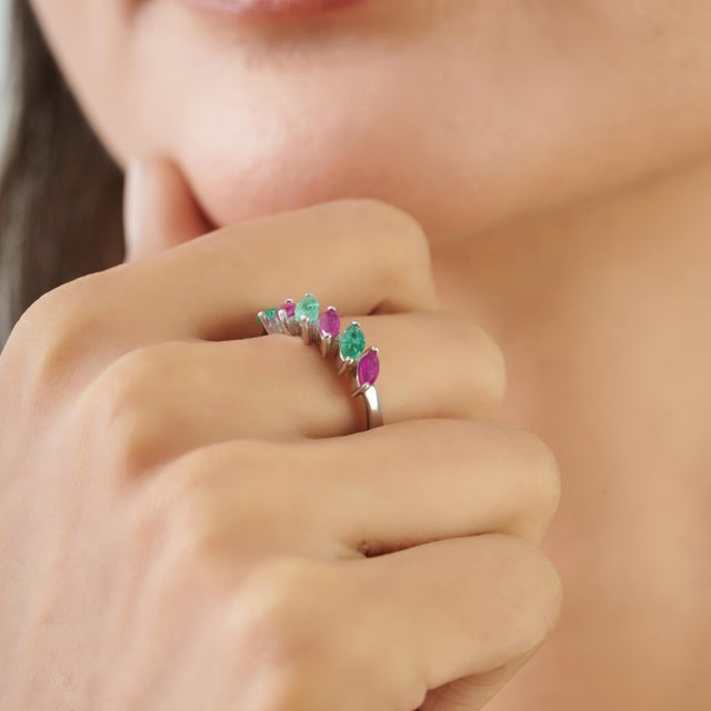 Handmade Two-Tone Pink & Green Sapphire Navette Stacking Ring in Silver Size 6.5 For Sale - Image 6 of 13