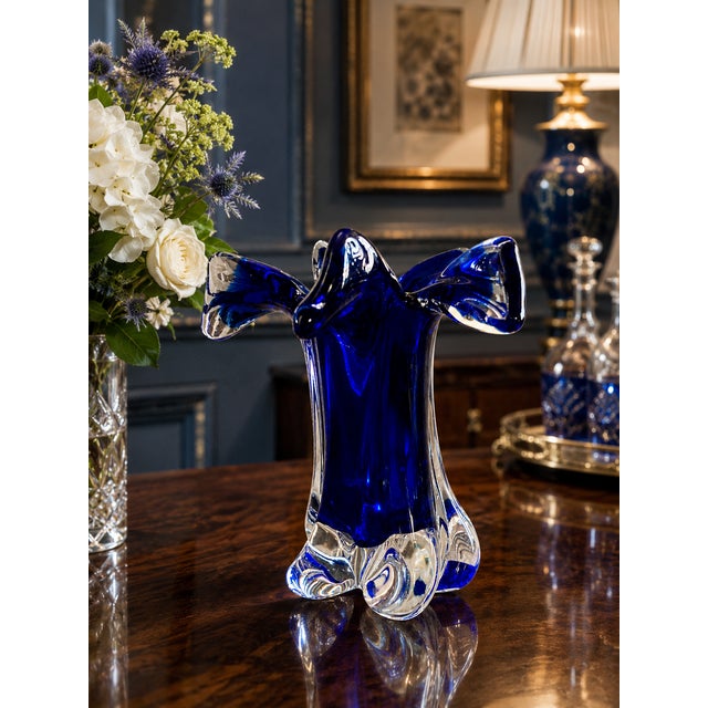 Vintage Cobalt Blue Art Glass Vase | Josef Hospodka Chribska Style Hand-Blown Ruffled Glass Centerpiece | Beautiful Hand-...