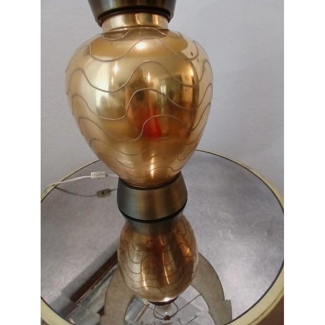 1950s Art Deco Gold Ceramic Lamp Etched Wavy Lines Modern W Shade Underwriters For Sale - Image 10 of 18