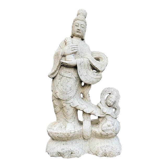Mid 20th Century Large Carved Marble Standing Guan Yin Garden Statue For Sale