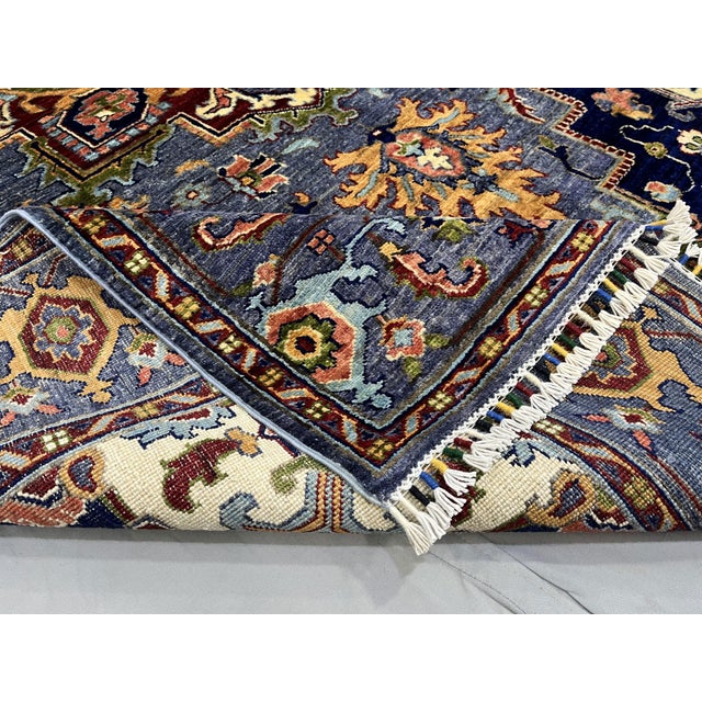 Blue Afghan Sultani Natural Dye Wool Rug, Persian Heriz Medallion Design, 5′9″ × 8′ For Sale - Image 11 of 14