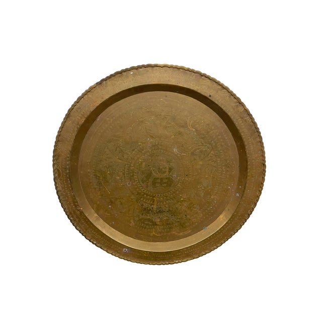 Large Decorative Engraved Brass-Toned Tray With Scalloped Edge and Figural Motifs For Sale In Seattle - Image 6 of 9