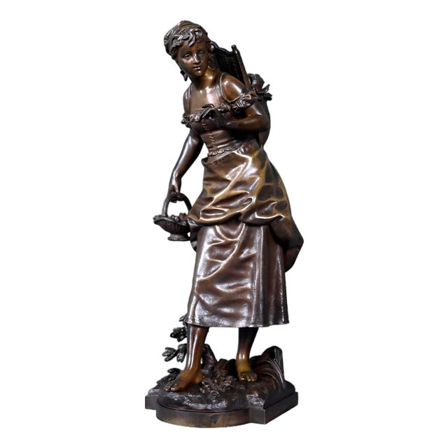 Late 19th Century Bronze Young Girl with a Basket from E. Bouret For Sale