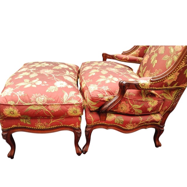 Experience the peak of traditional elegance with this custom French Country Bergère Chair and Ottoman by Taylor King....