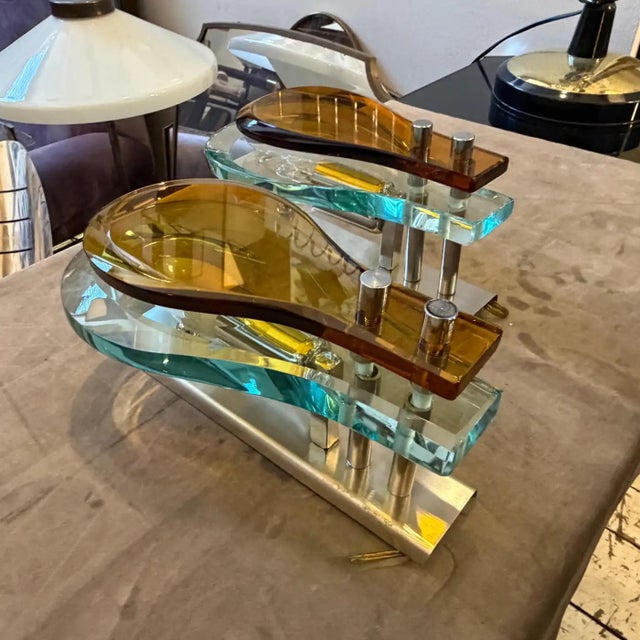Set of Two 1970s Space Age Amber and Green Heavy Glass Wall Sconces by Veca For Sale - Image 12 of 18