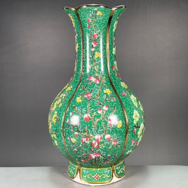 Green Vintage 1960s Chinese Green Ground Famille Rose "Fruits" Lobed Vase With Original Label For Sale - Image 8 of 9