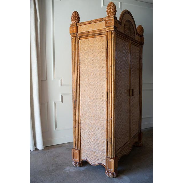 1970's Rattan Etched Wood Safari Armoire Wardrobe Storage Cabinet For Sale - Image 9 of 14