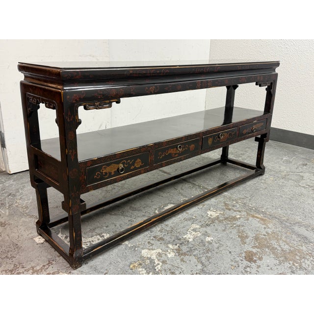 Chinoiserie Chinoiserie Black Lacquer Console Table, Vintage For Sale - Image 3 of 12