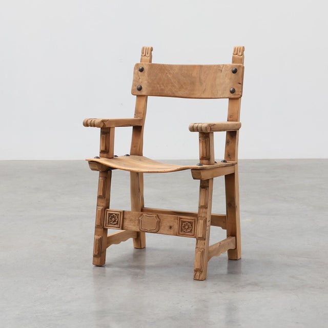 Brutalist Armchair with Carved Rosettes and Nailed Wooden Seat, Spain, 1950s For Sale - Image 16 of 16