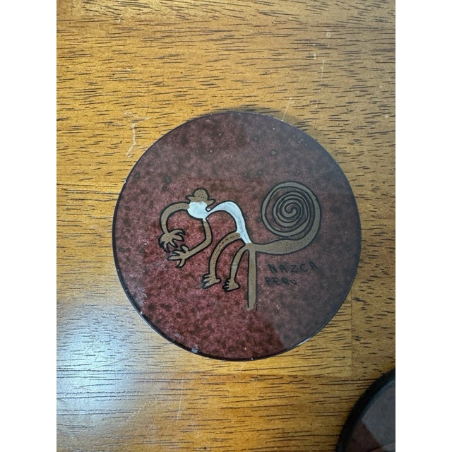 Vintage Nazca Peru Geoglyph Coaster Set Handcrafted Folk Art Monkey Bird Dog - Set of 4 For Sale - Image 4 of 5