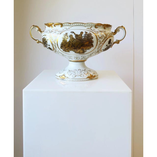 A beautiful, relatively large, German white porcelain jardinière / footed centerpiece vessel with gold Neoclassical...