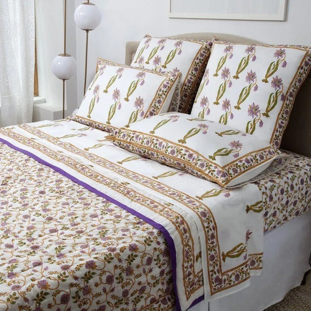 Florence Twin-XL Bed Lilac & Green Flat Sheet For Sale - Image 4 of 6