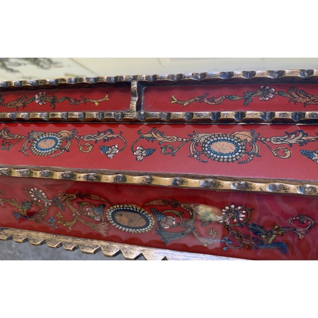 Large Vintage Peruvian Reverse-Painted Red Glass Mirror Gilt Hand-Carved Wood Frame Spanish Colonial Style For Sale In Chicago - Image 6 of 9
