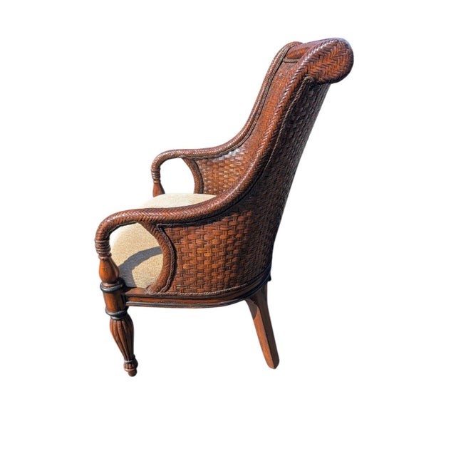 Late 20th Century Set of 4 Marge Carson British Colonial Woven Rattan Armchairs For Sale - Image 11 of 14