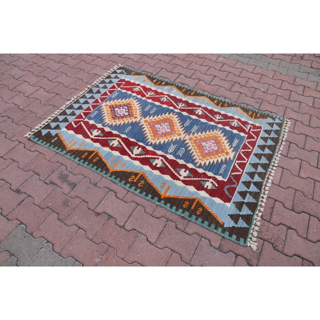 Mid-Century Modern 1970s Mid-Century Modern Geometric Blue Kilim Rug For Sale - Image 3 of 10
