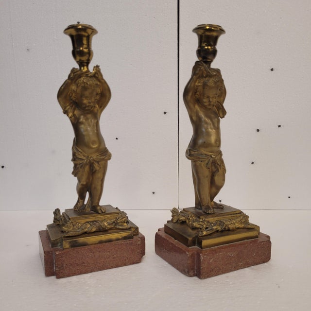 Gold Candleholder Putti in Ormolu and Marble, France, 1880s, Set of 2 For Sale - Image 8 of 18