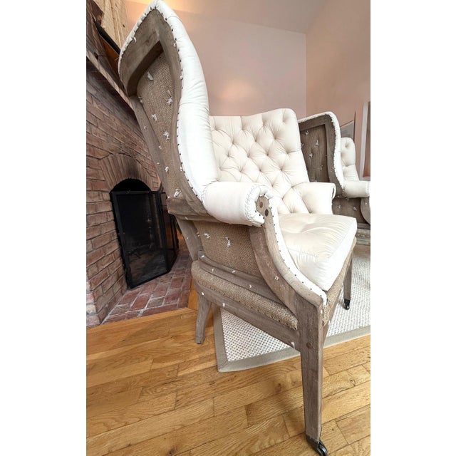 Wood A Pair of Tufted Wingback Chairs in Ivory by Restoration Hardware Attributed to Ralph Lauren Heppelwhite Chairs For Sale - Image 7 of 18