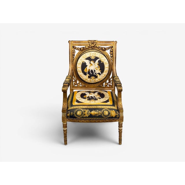 Louis Xvi, French Arm Chair, Versace Fabric, Giltwood, France, 1960s For Sale - Image 9 of 17
