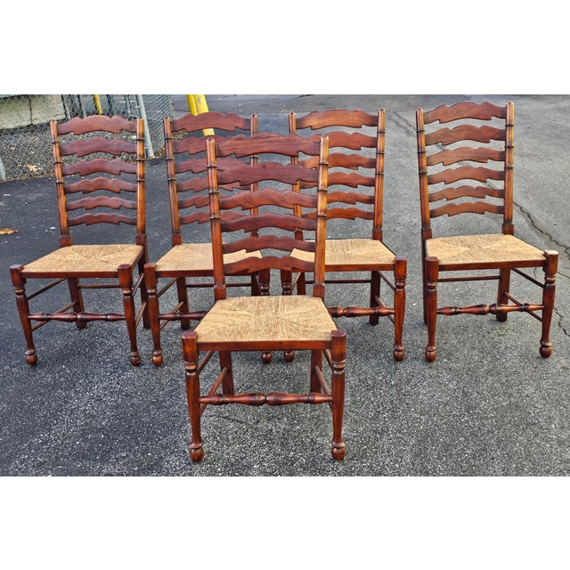 Late 20th Century Late 20th Century Set of Six English Oak Faux Bamboo Mahogany Six-Splat Ladder Back Chairs With Rush Seats For Sale - Image 5 of 13