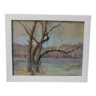 1980s "Silver Lake Winter" Oil Pastel Drawing by John Elliot, Framed For Sale