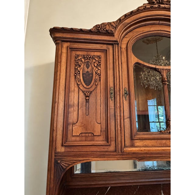 Antique French Carved Walnut Buffet a Deux Corps With Rouge Marble Top For Sale In Baton Rouge - Image 6 of 12