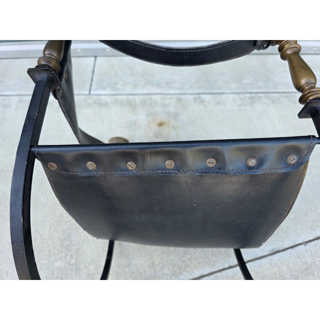 Vintage Italian Curule Savonarola Armchair in Black Leather Brass & Iron For Sale - Image 4 of 17