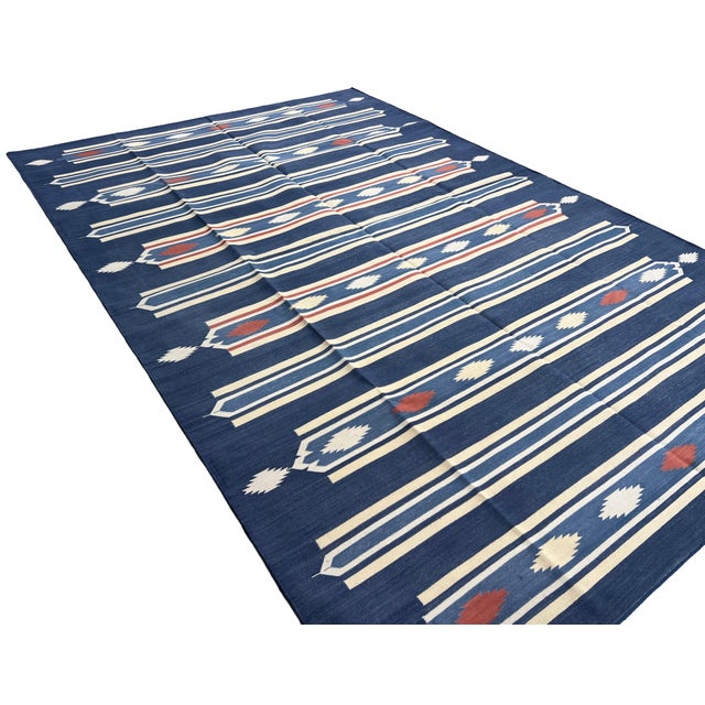 Handmade Cotton Area Rug, Vegetable Dyed, Indigo Blue, Cream and Terracotta Striped Dhurrie -6'x9' For Sale - Image 6 of 13