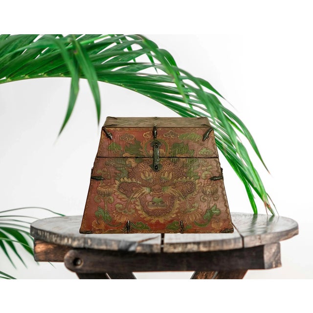Large Certified Antique Red Lacquer Chinese Trapezoid Dragon & Cloud Box / Iron Bound Wood Chest With Original Iron Fittings For Sale In Tampa - Image 6 of 10