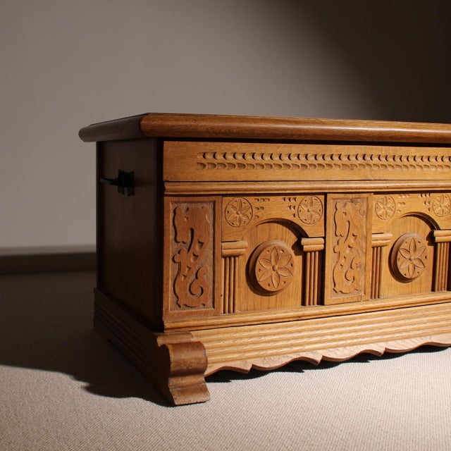 Carved Oak Chest with Decorative Front, Germany, 1970s For Sale - Image 4 of 12