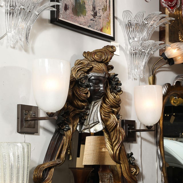 White Pair of Modernist Hand-Blown Murano Glass Pulegoso Sconces in Oil Rubbed Bronze For Sale - Image 8 of 17